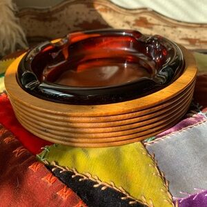Vintage mid century Amber glass solid wood insert 8” cigarette/ Cigar ashtray